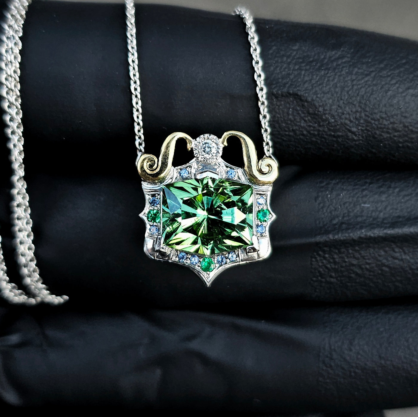 Platinum, Gold, Green Tourmaline Pendant